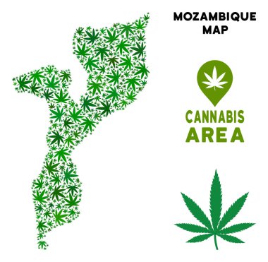Mozambik Haritası kolaj esrar yaprakların ot. Alkolizim şablonu. Vektör Mozambik Haritası yeşil ot yaprakları düzenlenmiştir. Yeşil renk renk tonları soyut toprak düzeni.