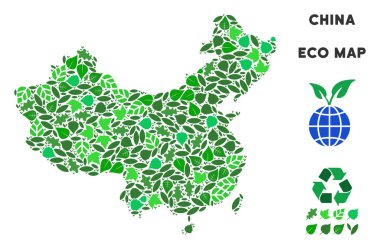 Vektör yaprak yeşil kolaj Çin Haritası