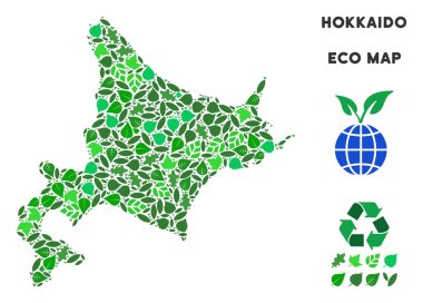 Vektör yaprak yeşil mozaik Hokkaido Adası Haritası
