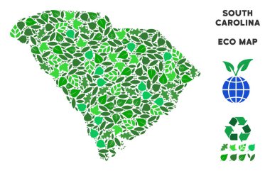 Eko Güney Carolina Devlet yeşil renk tonlarında çiçek yaprakları harita kolaj. Ekolojik çevre vektör şablonu. Güney Carolina eyalet harita yeşil çiçek simgeleri oluşturulur. Soyut alan düzeni.