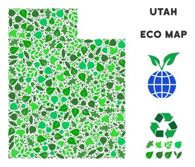 Eko Utah State harita mozaik bitkisel yaprak yeşil renk tonlarında. Ekolojik çevre vektör kavramı. Utah State harita yeşil bitkisel unsurdan oluşan. Soyut coğrafi düzeni.