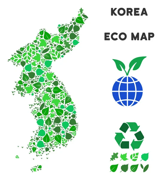 Vektor listové zelené koláž Severní a Jižní Korea mapa — Stockový vektor