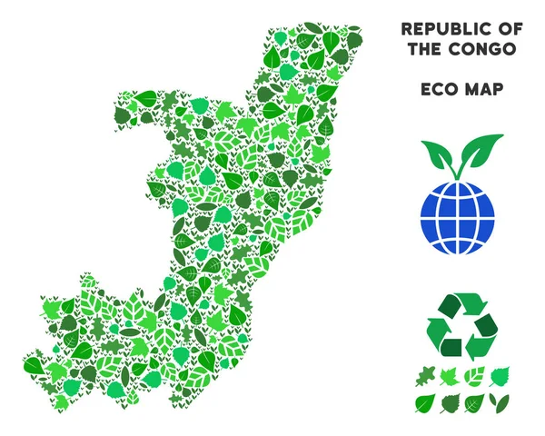 Eko Cumhuriyeti Kongo harita kolaj bitkisel yaprak yeşil renk renk tonları. Ekolojik çevre vektör şablonu. Cumhuriyeti Kongo Haritası yeşil bitkisel kutsal kişilerin resmi ile yapılır. Soyut alan düzeni.