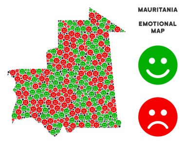 Mutluluk ve hüzün Moritanya kolaj emojis yeşil ve kırmızı renklerde bir haritası. Pozitif ve negatif ruh vektör kavramı. Moritanya Haritası kırmızı yazık ve yeşil memnun simgenin oluşur. Soyut alan planı.