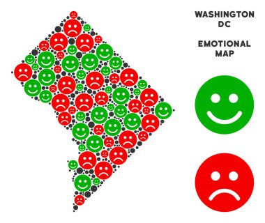 Emojis yeşil ve kırmızı renklerde Washington Dc harita mozaiği duygu. Pozitif ve negatif ruh vektör kavramı. Washington Dc harita kırmızı üzgün ve yeşil memnun duygu sembollerin oluşturulur.