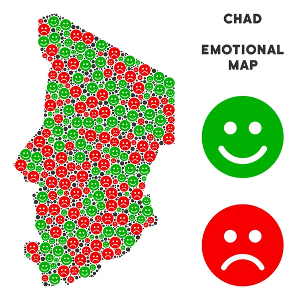 Duygu Chad harita mozaik kırmızı ve yeşil renklerde suratlar. Pozitif ve negatif ruh vektör kavramı. Chad harita kırmızı üzüntü ve yeşil olumlu duygu simgeleri oluşturulur. Soyut bölge planı.