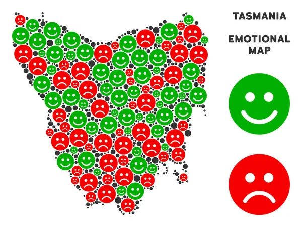 Mutluluk ve hüzün Tazmanya Adası suratlar kırmızı ve yeşil renklerde mozaiği eşleyin. Pozitif ve negatif ruh vektör kavramı. Tazmanya Adası harita kırmızı üzgün ve yeşil neşeli simgelerden oluşan.