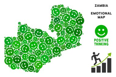 Joy Zambiya harita yeşil tinges suratlar mozaiği. Pozitif düşünme vektör şablonu. Zambiya harita yeşil sevinç simgeleri oluşturulur. Soyut alan düzeni.