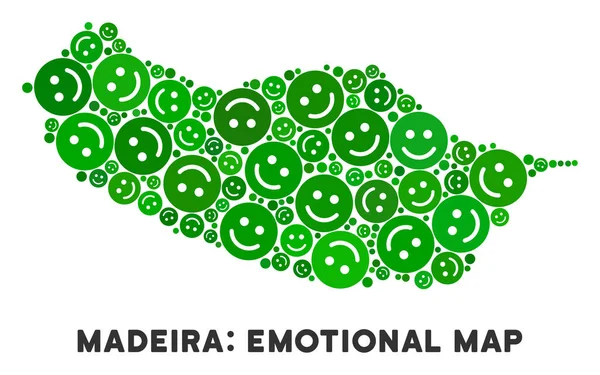 Sevinç Portekiz Madeira Adası harita yeşil tinges gülümseme emojis bileşimi. Pozitif düşünme vektör şablonu. Portekiz Madeira Adası harita yeşil mutlu duygu sembollerin oluşturulur.