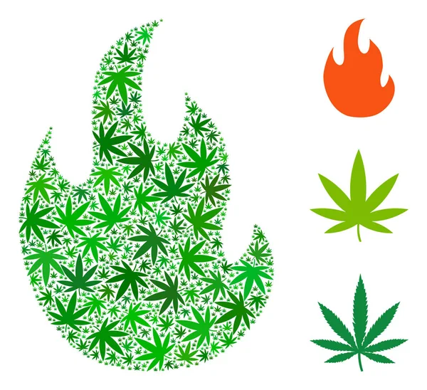 Fire Flame Mosaic of Weed Leaves — Stock Vector