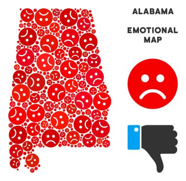 Vektör zavallı Alabama Eyalet harita kompozisyon üzgün suratlar