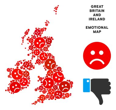 Vektör üzüntü Büyük Britanya ve İrlanda harita kolaj üzgün Emojis
