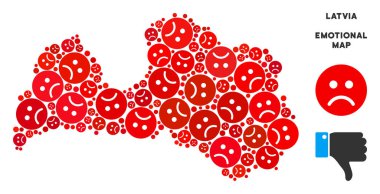 Letonya harita mozaik üzgün suratlar kırmızı renklerde keder. Negatif ruh vektör depresyon bölgeleri kavramı. Letonya harita kırmızı mutsuz duygu sembollerin oluşur. Soyut bölge düzeni.