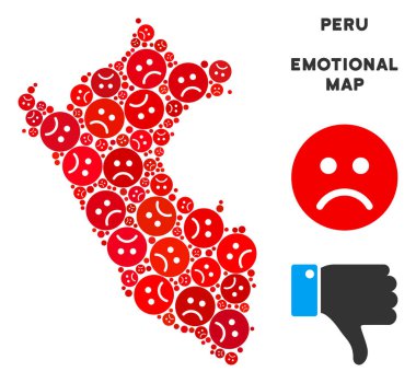 Duygu Peru harita kolaj kırmızı renklerde üzgün suratlar. Negatif ruh vektör şablon / depresyon bölgeler. Peru Haritası kırmızı üzücü duygu sembollerin oluşur. Soyut bölge düzeni.