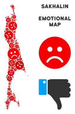 Vektör duygusal Sakhalin Adası harita kompozisyon üzgün suratlar