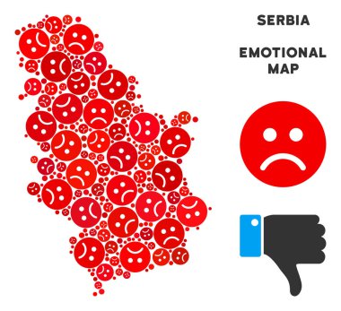Duygu Sırbistan harita mozaik kırmızı renklerde üzgün emojis. Negatif ruh vektör depresyon bölgeleri kavramı. Sırbistan harita kırmızı hüzün duygu simgeleri ile yapılır. Soyut alan düzeni.