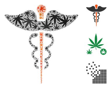 Esrar caduceus kompozisyon farklı boyut ve renk tonlarını bırakır. Vektör düz ot yaprakları caduceus illüstrasyon birleştirilir. Narkotik vektör çizim.