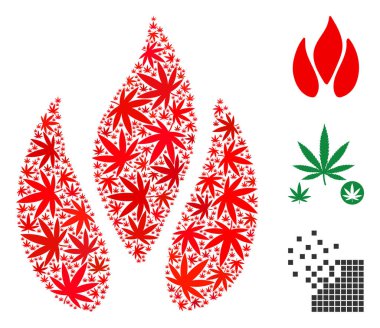 Değişken boyut ve renk değişimleri esrar yaprakların mozaik ateş. Vektör düz esrar nesneler ateş illüstrasyon düzenlenmiştir. Bağımlılığı vektör çizim.