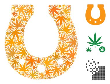 Esrar mozaiği şanslı at nalı çeşitli ebat ve renk değişimleri bırakır. Vektör düz esrar yaprakları şanslı at nalı kolaj içine birleştirilmiştir. Bağımlılığı vektör tasarım konsepti.