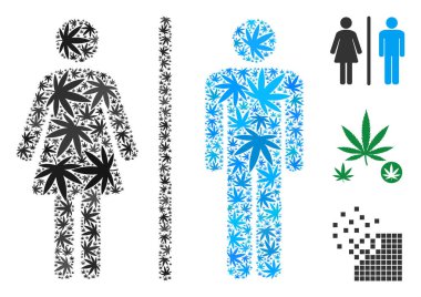 Tuvalet kişi kolaj esrar değişken boyut ve renk renk tonları bırakır. Vektör düz çim simgeler tuvalet kişi kolaj içine birleştirilir. Bitkisel vektör çizim.