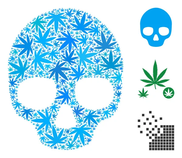 Esrar kafatası kompozisyonu farklı boyut ve renk tonları bırakır. Vektör düz esrar yaprakları kafatası şekil oluşur. Narkotik vektör çizim.