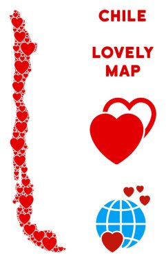 Şili harita kolaj kırmızı kalplerin seviyorum. Biz Şili Haritası şablonu gibi. Soyut vektör alanı düzeni kırmızı güzel simgeleri oluşturulur.