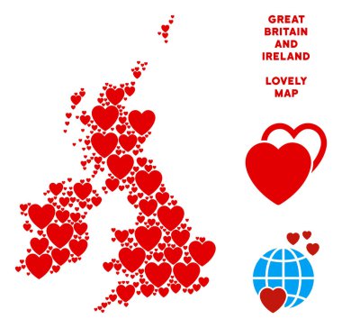 Romantik Büyük Britanya ve İrlanda harita mozaik kalplerin vektör