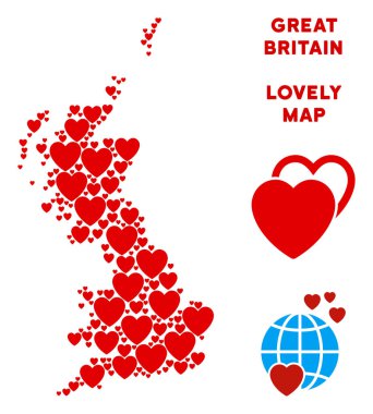 Vektör Romantik İngiltere harita kompozisyon kalplerin