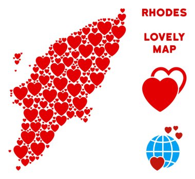 Vektör güzel Yunan Rodos Adası harita kolaj kalplerin