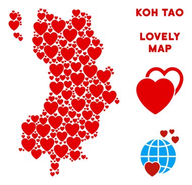 Vektör güzel Koh Tao Tayland Adası harita mozaik kalplerin