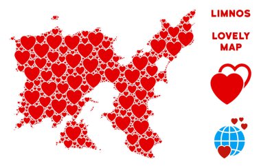 Vektör aşk Limnos Yunan Adası harita kompozisyon kalplerin