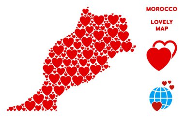 Sevgililer Fas harita mozaik kırmızı kalplerin. Biz Fas Haritası şablonu gibi. Soyut vektör bölge düzeni kırmızı romantik sembollerin oluşturulur.