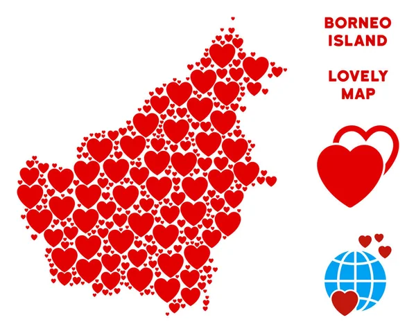 Vektör güzel Borneo Adası harita mozaik kalplerin