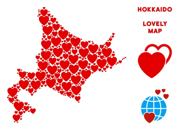 Vektör güzel Hokkaido Adası harita mozaik kalplerin