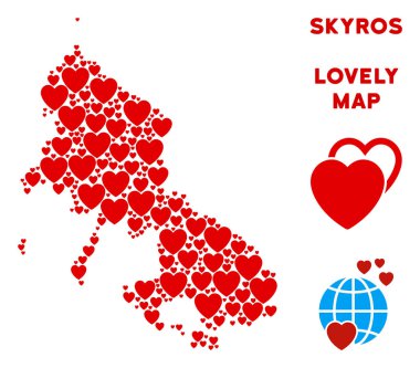 Vektör güzel Skyros Yunan Adası harita kompozisyon kalplerin