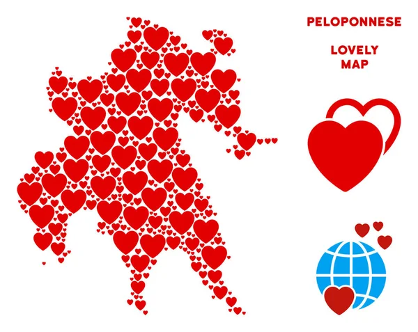 Vektör güzel Mora Yarımadası harita kolaj kalplerin