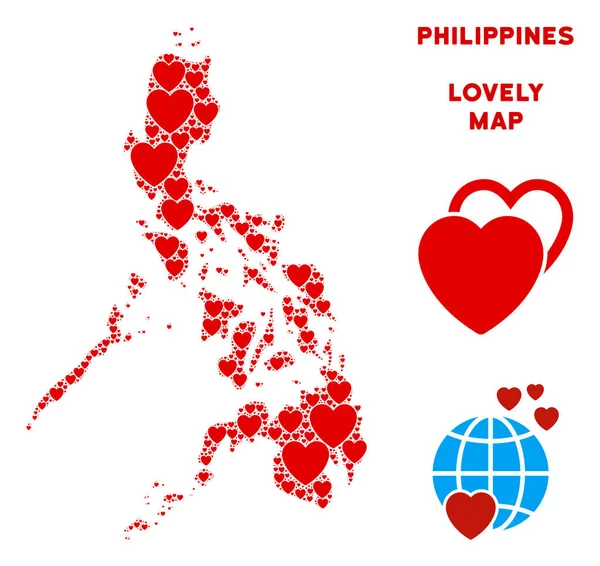Wektor piękny Filipiny mapa mozaika serc — Wektor stockowy