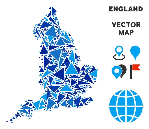 İngiltere harita mavi üçgen öğeleri çeşitli ebat ve şekillerde mozaiği. Vektör üçgenler coğrafi İngiltere harita mozaik düzenlenir. Mavi renk renk tonları geometrik soyut vektör çizim.