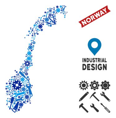 Ekipman Norveç harita kolaj cogwheels, somun anahtarları, çekiç ve diğer araçları. Mavi tonları soyut bölge planı. Vektör Norveç harita araçları düzenlenmiştir. Teknisyen iş kavramı.