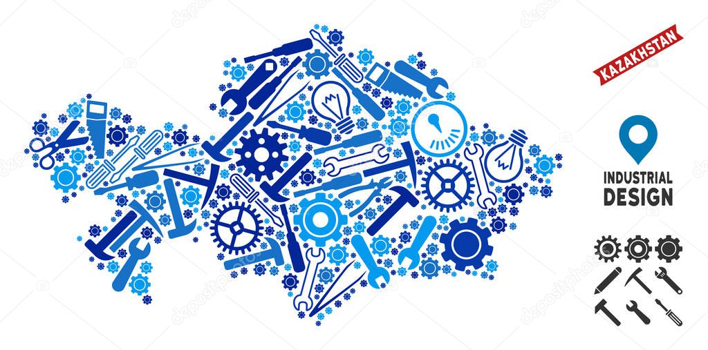 Equipment Kazakhstan map mosaic of cogs, spanners, hammers and other tools. Abstract territory plan in blue color tones. Vector Kazakhstan map is shaped with equipment items.