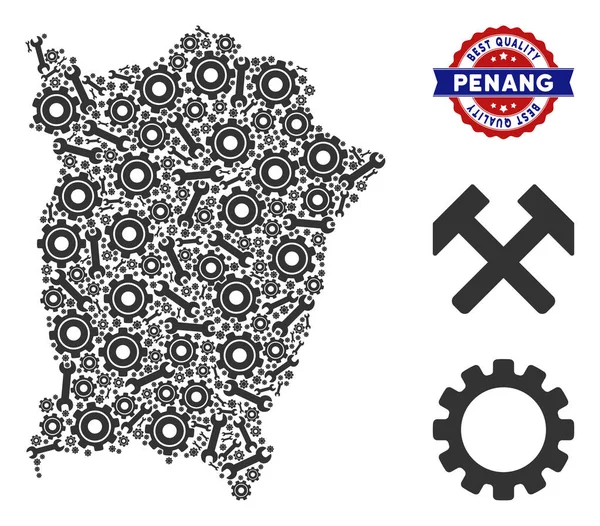 産業用ツールのコラージュ ペナン島地図 — ストックベクタ