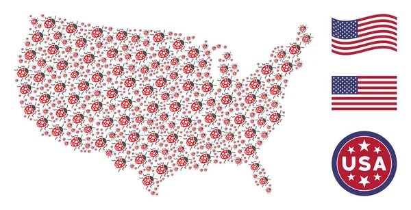 Mapa Americano Composição Estilizada de Ladybird Bug —  Vetores de Stock