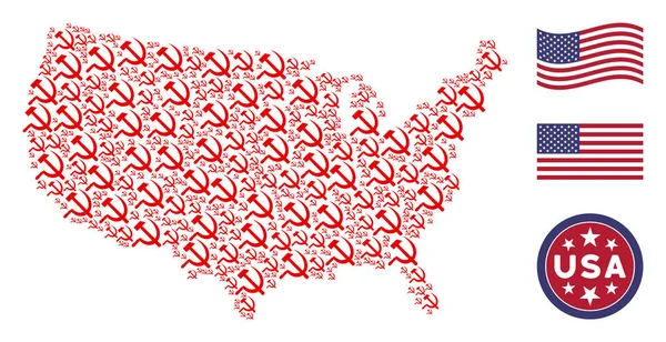 USA Map Stylized Composition of Sickle And Hammer — Stock Vector