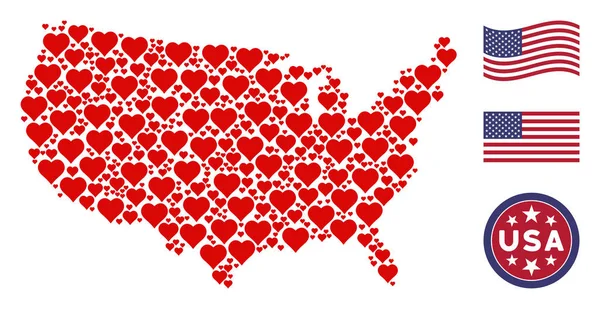 Collage mapę USA Valentine serca — Wektor stockowy