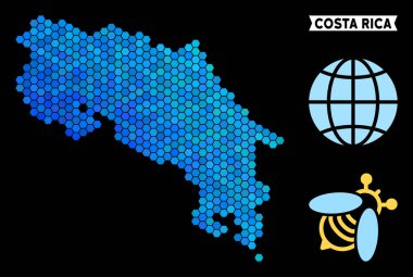 Altıgen mavi Kosta Rika Haritası. Mavi renk renk tonları siyah bir arka plan üzerinde coğrafi harita. Vektör kolaj altıgen lekeler yapılan Kosta Rika Haritası.