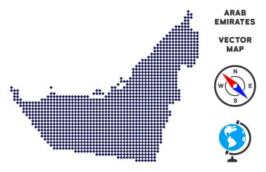 Noktalı Arap Emirlikleri eşleyin. Soyut coğrafi planı. Puan rhombus formu ve koyu mavi renk var. Arap Emirlikleri harita vektör kolaj rhombus nokta deseni kombine.
