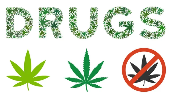 Subtítulos de Drogas Collage of Weed Leaves — Vector de stock