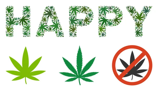 Happy Text Collage of Weed Leaves — Stock Vector