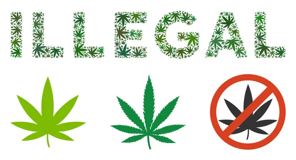 Leyenda Ilegal Mosaico Hojas Cannabis Varios Tamaños Tintes Verdes Las — Vector de stock