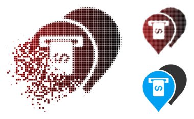 Vektör makine işaretçiler simgesinde bankacılık kırılmış, pixelated yarı ton ve hasarsız tüm türevleri. Dağılma efekti içerir kare scintillas ve siyah kırmızı üzerinden Yatay Gradyan.